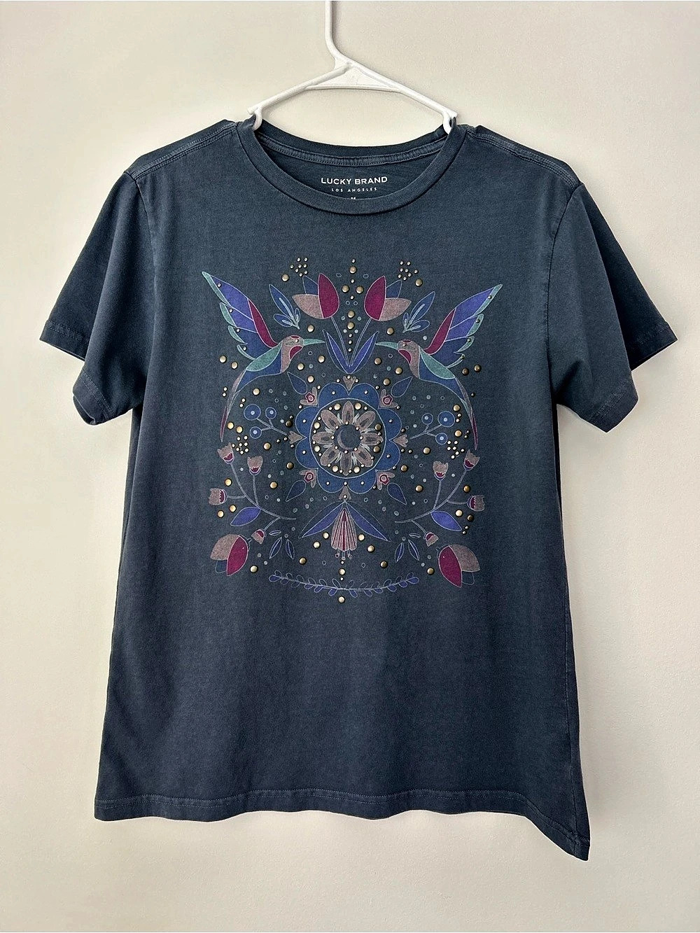 Lucky Brand Tee Blue Womens Bird Floral Graphic T-Shirt Boho Crew Neck Medium